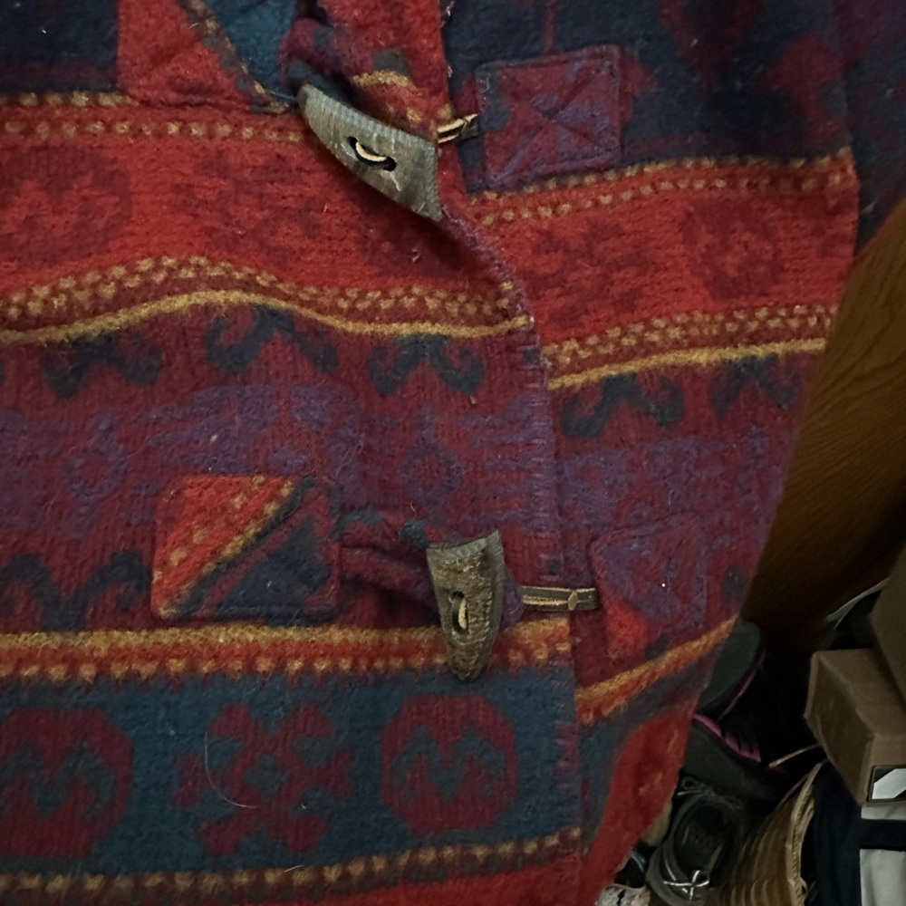 Eddie Bauer Deep Red and Blue Tribal Patterned Pea Coat Wool Blend
Wm Sz Large - Picture 5 of 12
